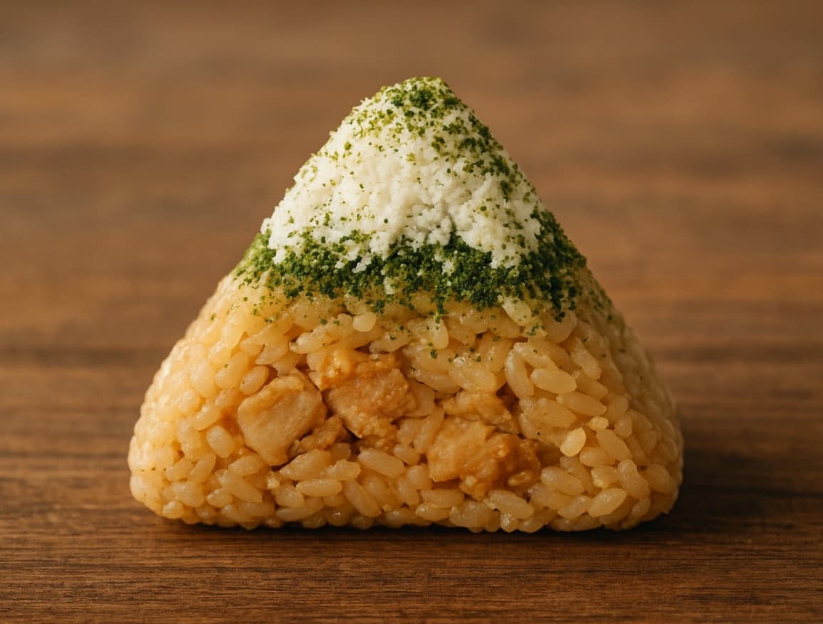 富士山の形をした特製おむすび。頂上部分には粉チーズと青海苔で雪化粧を表現